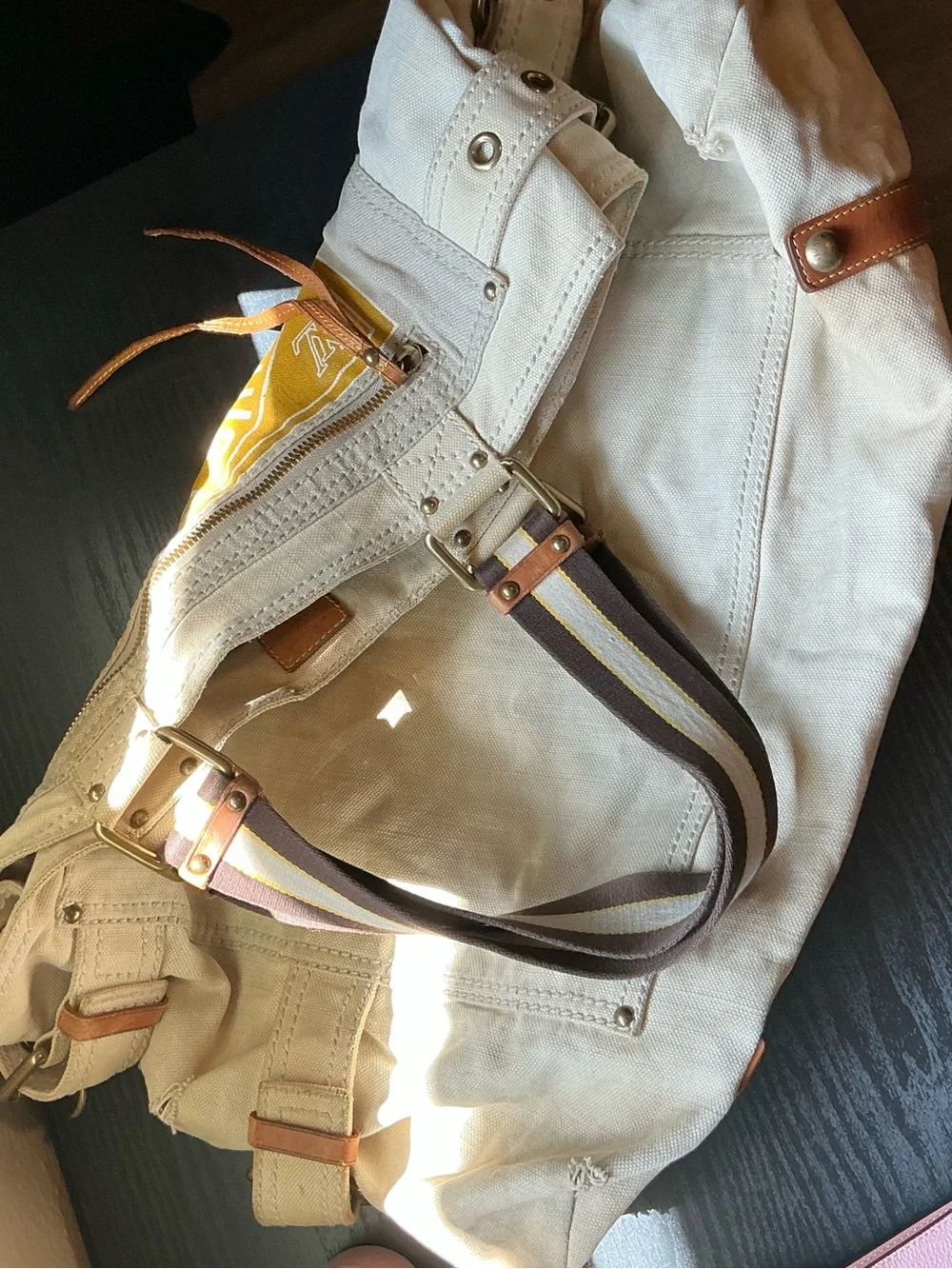 Louis Vuitton Beige Canvas Hobo with Mustard Yellow Logo Print